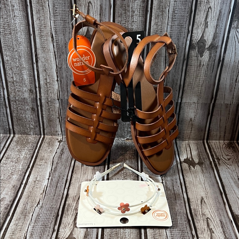 NWT Wonder Nation Tan Strappy Sandals GIrls Size 5 + Bonus Flower Headband